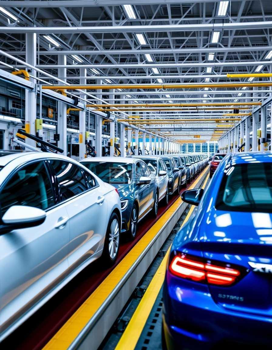 汽車(chē)在汽車(chē)工廠里排成一排